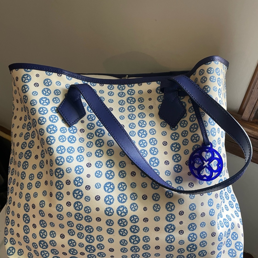 LK Bennett Blue and Cream Geometric Tote
